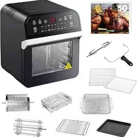 12.7-Quarts 15-in-1 Electric Air Fryer Oven with Rotisserie and Dehydrator + 50 Recipes QT, Black/Silver