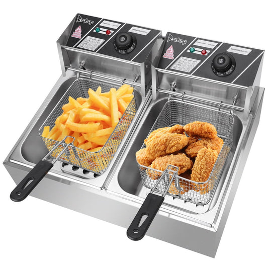 12.7QT/12L  Double Cylinder Electric Fryer with Temperature Control & Oil Filtration, Stainless Steel Countertop Fryer with Removable Basket, 5000W MAX 110V, Silver