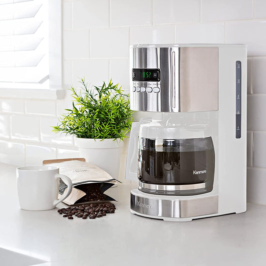 12-Cup Programmable Coffee Maker with Glass Pot, Auto Shut Off, Bold Brew, Reusable Filter, White