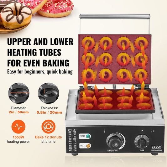 12 Hole Donut Maker Machine, 1550W Commercial Grade, Non-Stick Surface, Double-Sided Heating, Temp 122-572°F, for Home & Café