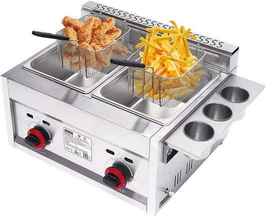 12 Liter Commercial Countertop Deep Gas Fryer Stainless Steel Outdoor Cooker 6L Basket ×2 Chicken Chips Fryer For French Fries Home Kitchen Restaurant