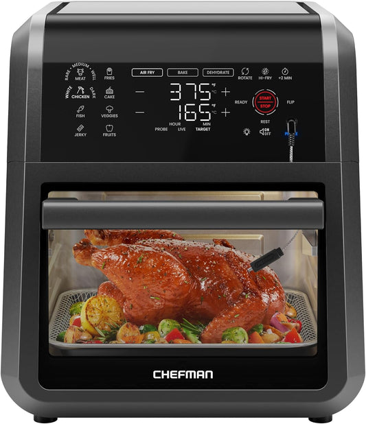 12 Quart 5-in-1 Digital Air Fryer Oven with Built-In Food Thermometer, 28 Pre-Programmed Settings, Rotisserie & Dehydrator, XL Convection Toaster Oven, Auto Shut-Off, Black