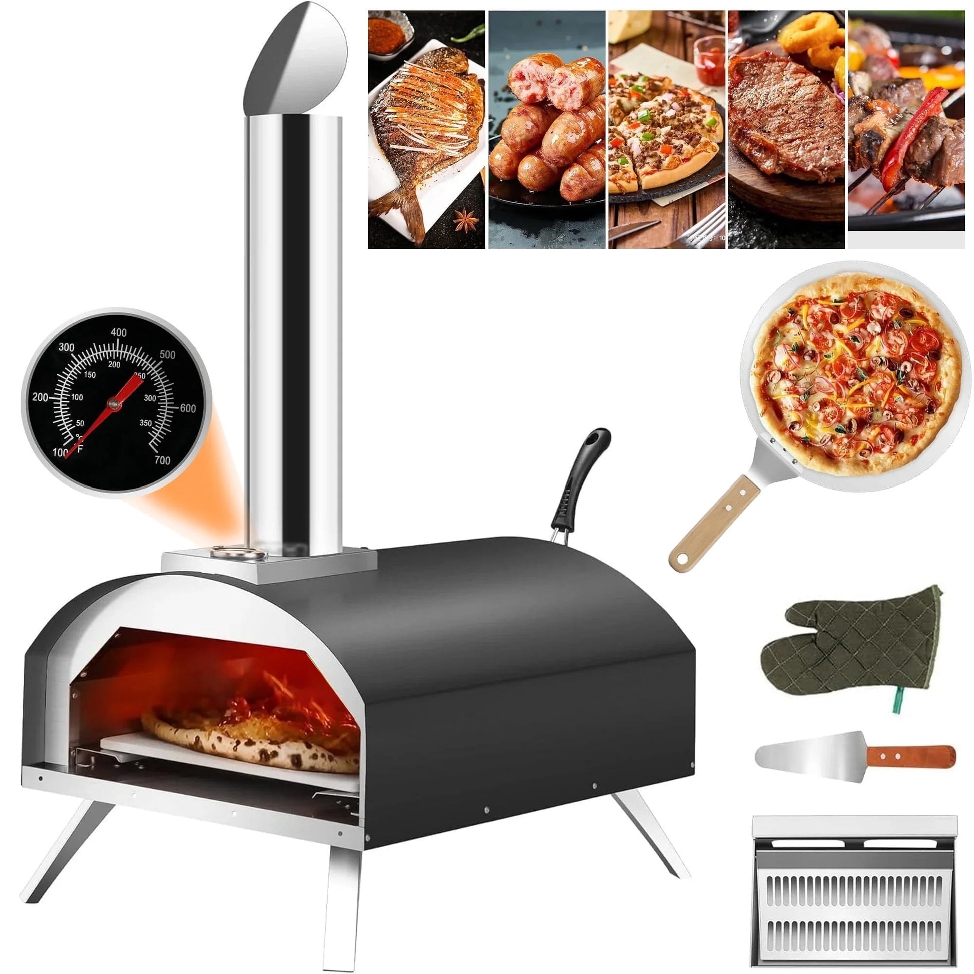 12" Wood Fired Pellet Outdoor Pizza Oven with Built-in Thermometer,Portable Stainless Steel Countertop Pizza Maker for Backyard, Outside Camping and Picnics