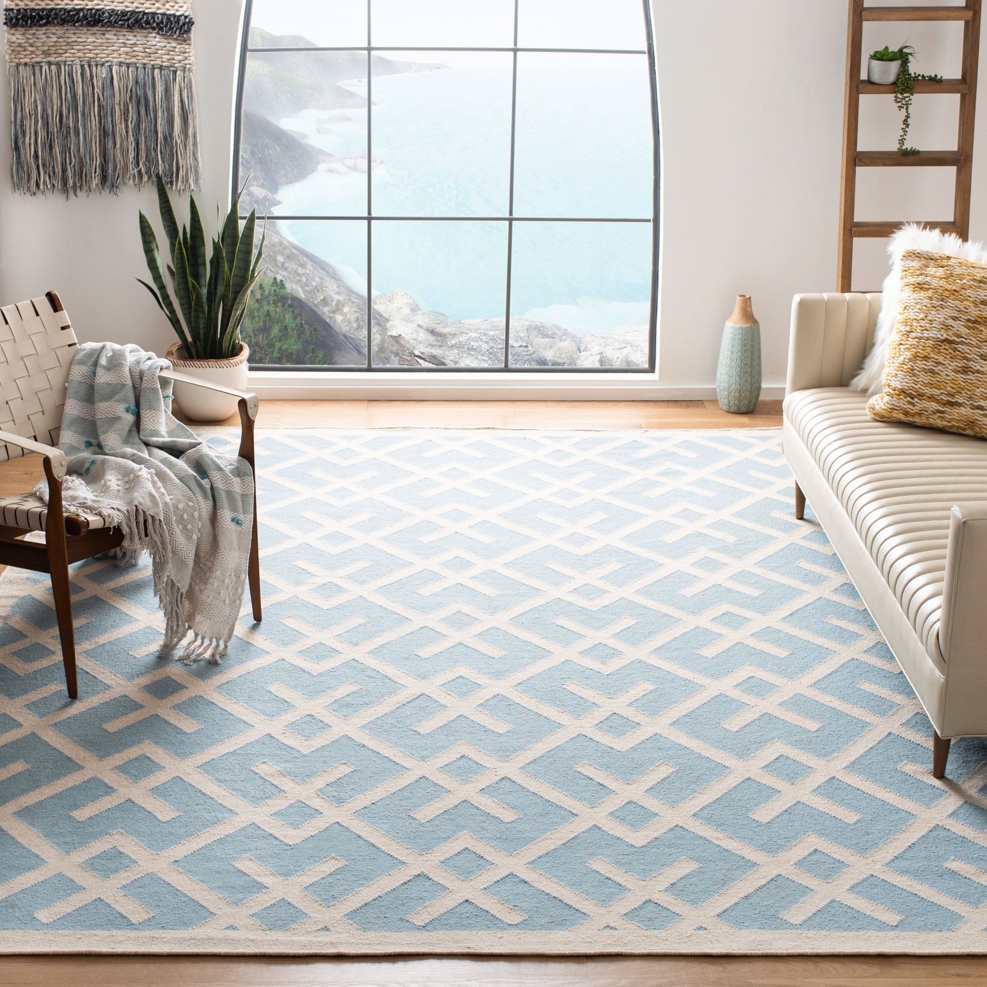 Safavieh Dhurries Cesa 9 x 12 (ft) Wool Light Blue/Ivory Rectangular Indoor Geometric Coastal Area rug