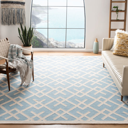 Safavieh Dhurries Cesa 9 x 12 (ft) Wool Light Blue/Ivory Rectangular Indoor Geometric Coastal Area rug