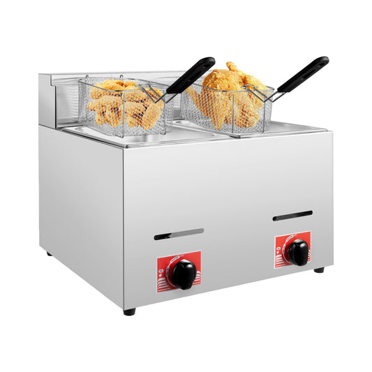12L Commercial Deep Fryer 10.6qt Dual Basket Stainless Steel LPG Fryer for Restaurants, Bakeries, and Food Trucks, Efficient Heating & Easy Operation