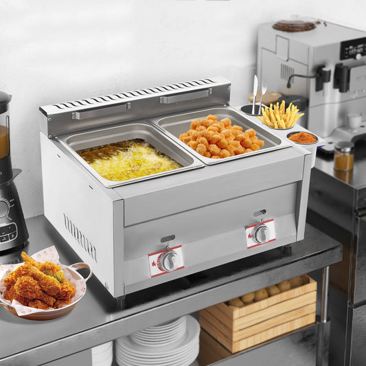 12L Commercial Dual Tank Deep Fryer, Stainless Steel Outdoor LPG Propane Gas Fryer with 2 Baskets and Lids Silver