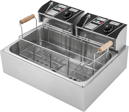12L Commercial Electric Deep Fryer with 3 Baskets & Lid - Stainless Steel Countertop Frying Machine with Temperature Control - Perfect for French Fries, Donuts & More (3400W)