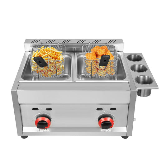 12L Countertop Commercial Gas Deep Fryer Double Tank Propane LPG Stainless Steel Deep Fryer w/ Frying Baskets