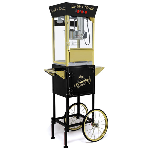 12oz Black Popcorn Machine Cart with Wheels, Vintage Style Popper with 850W Stainless Steel Kettle for Home or Party Use