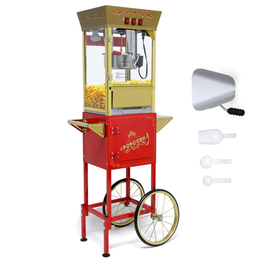 Joqixon Popcorn Machine with Cart, Wheels & 12 Oz Kettle, Popcorn Maker Machine Vintage Style Movie Theater Popcorn Machine for Parties, Events, Commercial, and Home Theater, Red