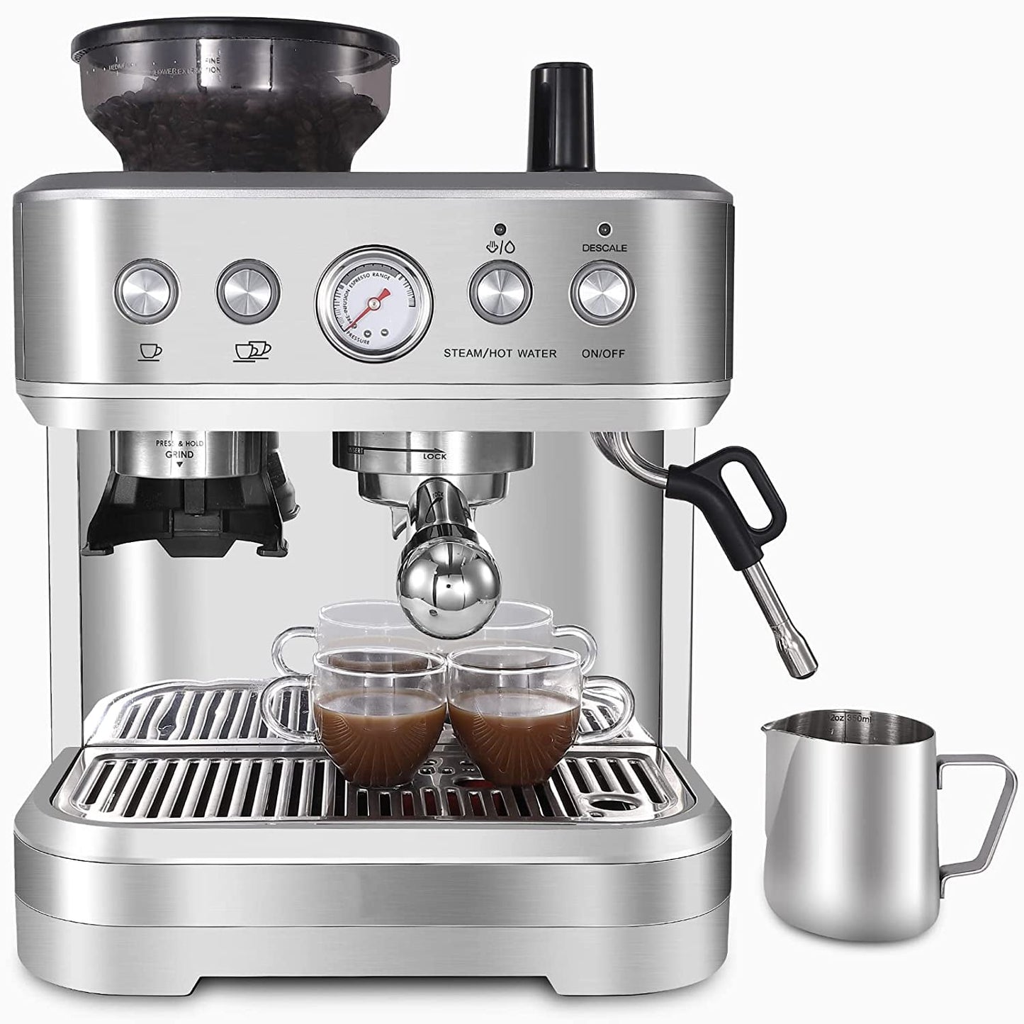 15 Grinding Setting Espresso Cappuccino Maker with 60 oz Removable Water Tank, Professional Espresso Coffee Machine for Home Office, Pressure Dial, PID Temperature Control