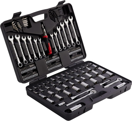 161 Piece Mechanic Socket Wrench Set 1/2, 3/8 and 1/4 inch Drive Metric and Standard Size, with Tool Box Case for Home, Men, Car, Automotive, Hand Tool Kit and as A Gift