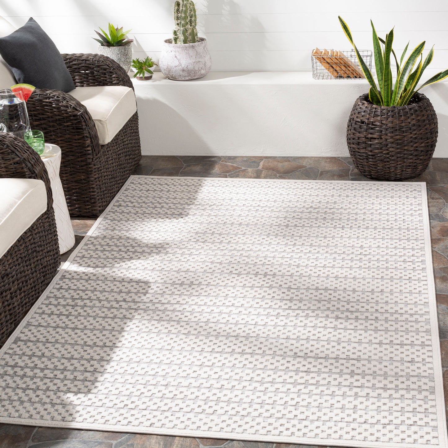 Livabliss Greenwich 8 x 10 (ft) Flatweave Cream Rectangular Indoor/Outdoor Damask Mid-Century Modern Pet Friendly Area rug