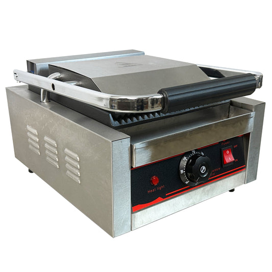 1800W Commercial Panini Sandwich Grill Grooved Plates Single 12 in. Width, 110V