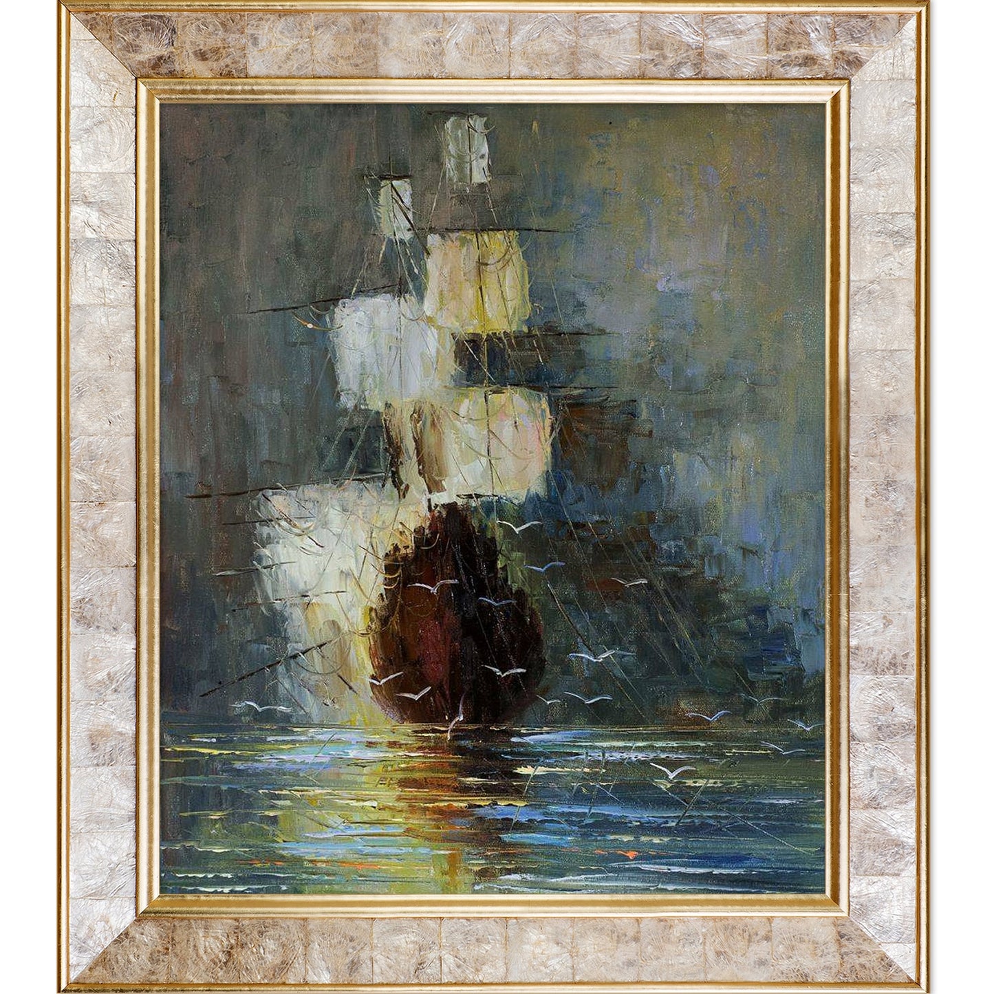 ArtistBe Nostalgy Reproduction Justyna Kopania Gold/Pearl Wood Framed 30-Inches H x 26-Inches W Coastal Canvas Hand-Painted Painting