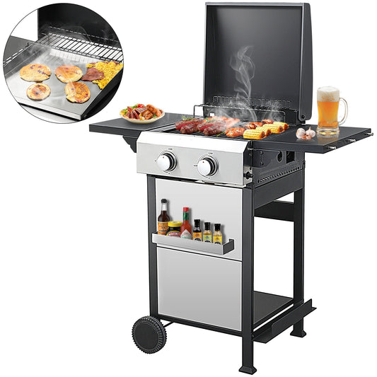 2 in 1 Propane Gas Grill and Griddle Combo, 2 Burner Griddle Grill Combo with Folding Side Tables & Hanging Basket, 24,600BTU Stainless Steel Propane Grill for Outdoor Cooking