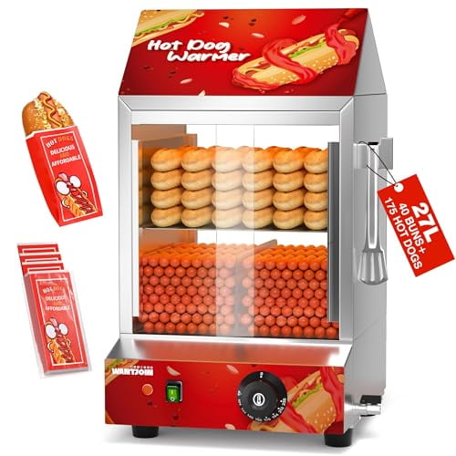 2-Tier Electric Hot Dog Steamer with Bun Warmer - 27L/28.8 QT Capacity, Holds 175 Hot Dogs & 40 Buns, Visible Glass Slide Doors