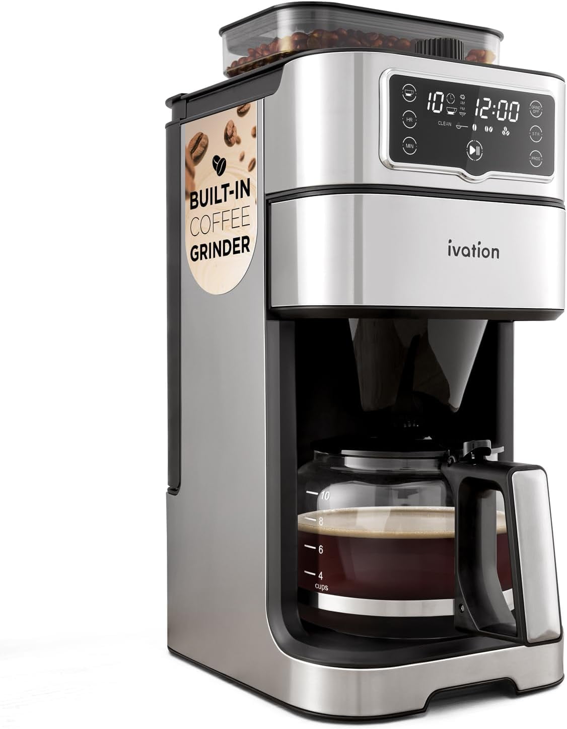 2-in-1 Drip Coffee Maker & Grinder – Programmable Auto Brew & Timer - Warming Plate - 10 Cup - Reusable Filter Basket – 1.5L Wat