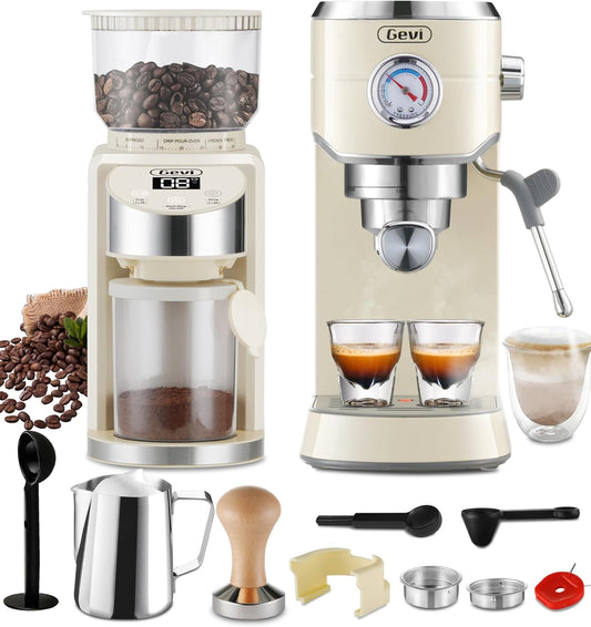 20 Bar Espresso Coffee Machine with Burr Grinder Set | 35 Precise Grind Settings | Milk Frother for Latte Cappuccino | Professional Home Barista Kit