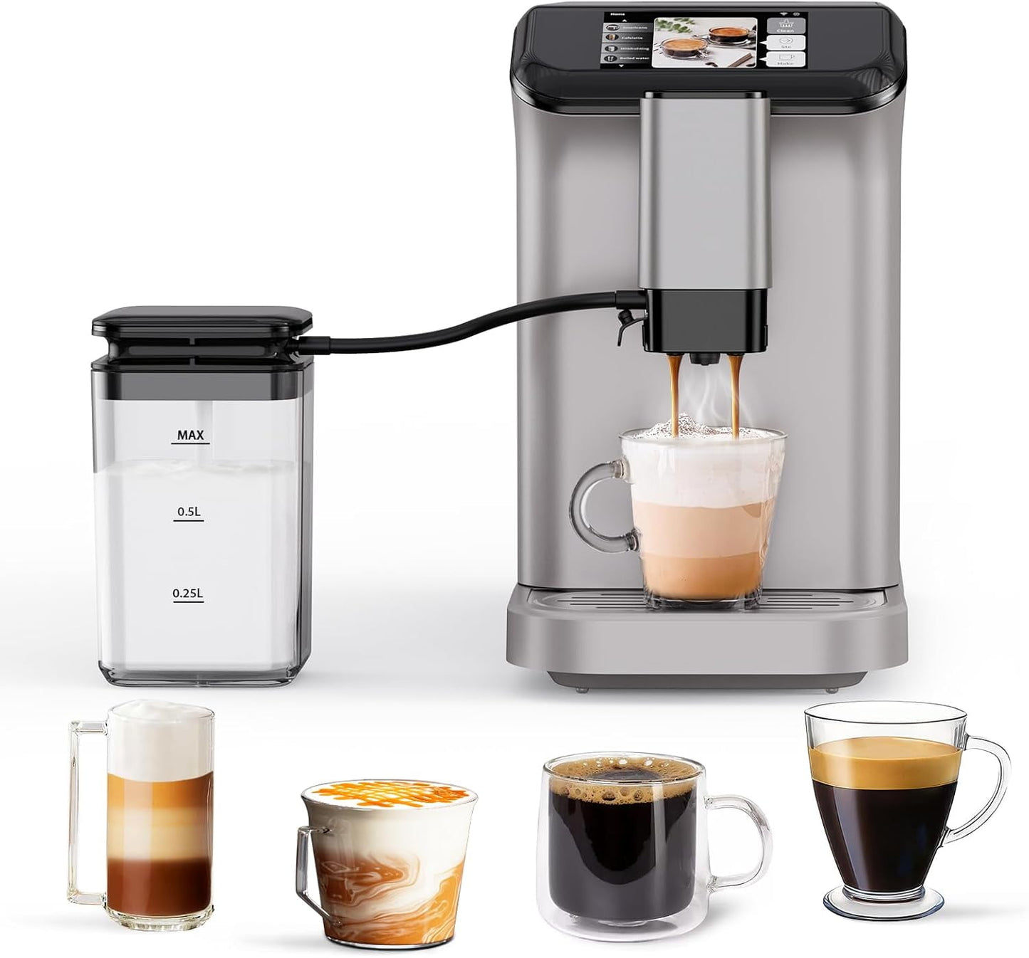 20 Bar Espresso Machine Fully Automatic Coffee Maker, with Built in Grinder & Milk Frother, 1.5L Removable Water Tank Latte Cappuccino Maker with TFT Touchscreen Display, 1350W Silver & Black