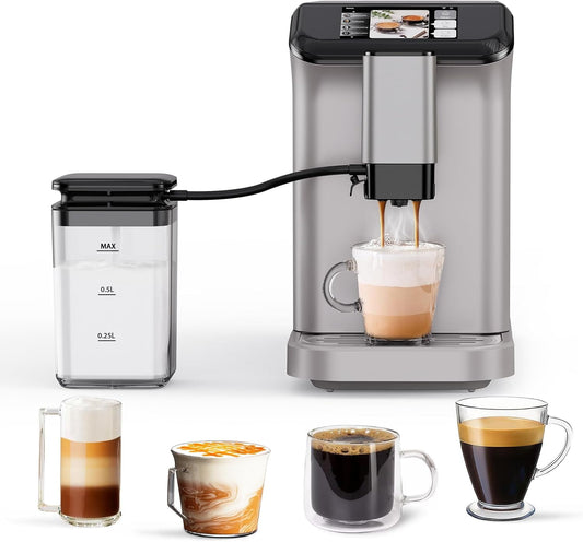 20 Bar Espresso Machine Fully Automatic Coffee Maker, with Built in Grinder & Milk Frother, 1.5L Removable Water Tank Latte Cappuccino Maker with TFT Touchscreen Display, 1350W Silver & Black
