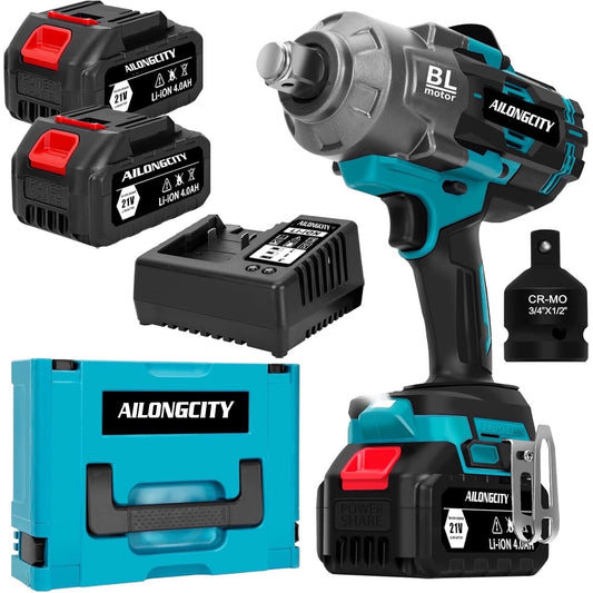 2000Nm(1500ft-lbs) Cordless Impact Wrench,3/4 inch High Torque Brushless Impact Gun, 5500RPM Power Batt ery Impact Wrench w/ 2 x 4.0Ah Bat tery, Fast Charger for Heavy Duty Truck Mower