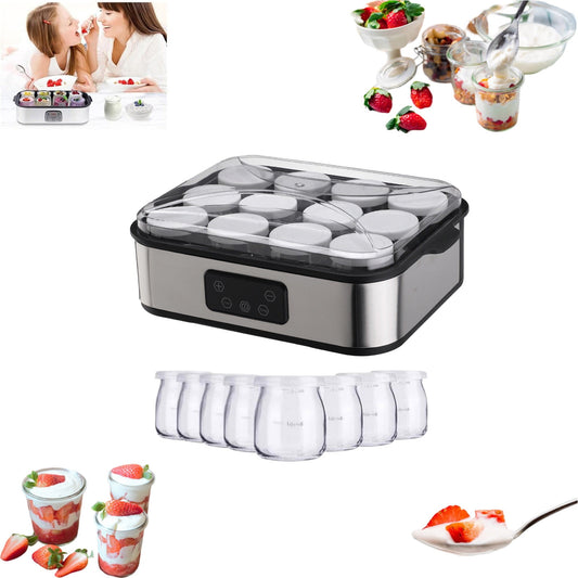 2025 New Yogurt Maker Automatic Digital Yoghurt Maker Machine with 12 Glass Jars LCD Display with Constant Temperature Control Stainless Steel Design for Home Use