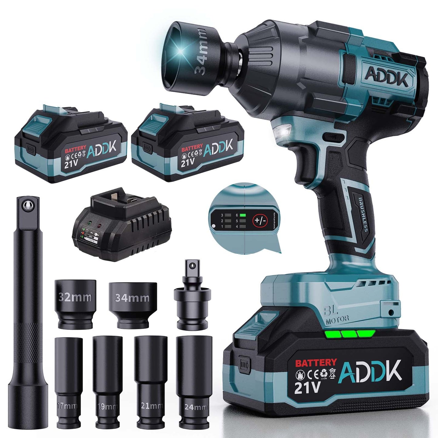 21V Power Impact Wrenches With 2x4.0Ah Battery Cordless Wrenches,1600 N.m 0-2600RPM,Power Impact Wrench With LED,6  Impact Wrench Sockets
