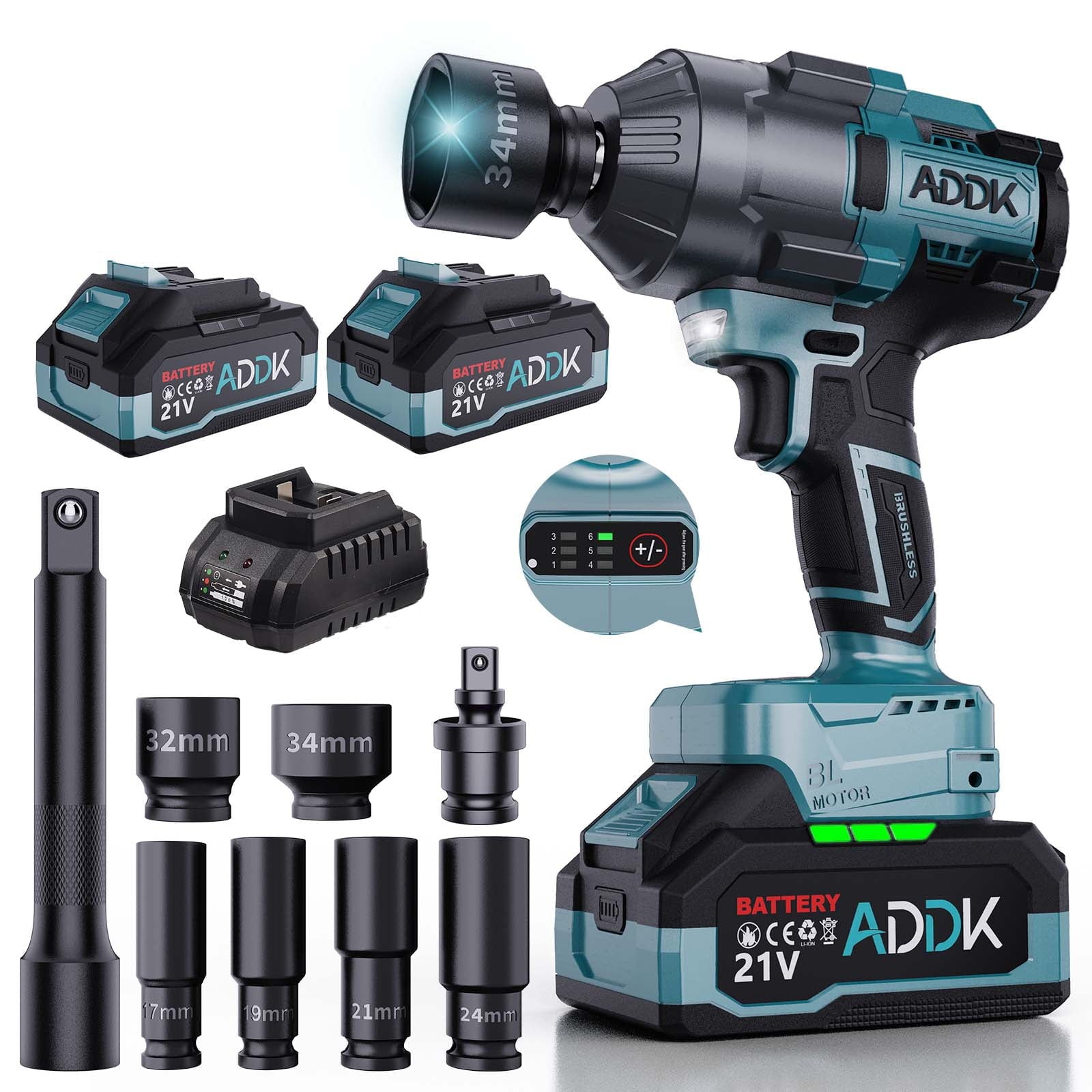 21V Power Impact Wrenches With 2x4.0Ah Battery Cordless Wrenches,1600 N.m 0-2600RPM,Power Impact Wrench With LED,6  Impact Wrench Sockets