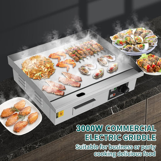 22" Commercial Electric Griddle, 110V 3000W Electric Countertop Griddle, Flat Top Hot Plate, Nonstick Stainless Steel Teppanyaki Grill, BBQ Restaurant Grill, Adjustable Temperature Control
