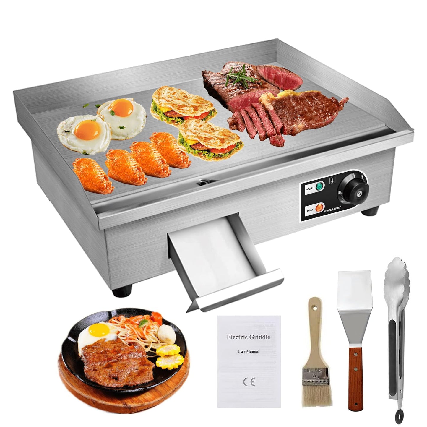 22" Electric Countertop Flat Top Griddle 1600W 110V Non-Stick Commercial Restaurant Teppanyaki Grill Stainless Steel Adjustable Temperature Control 50~300?