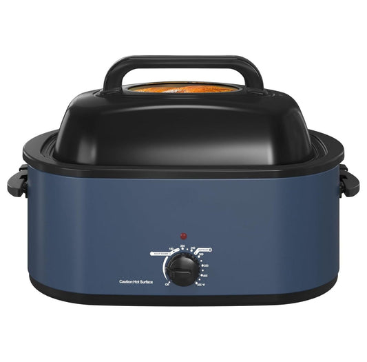 22 Quart Roaster Oven with Viewing Self-Basting Lid, Large Electric Turkey Roaster Oven with Defrost & Warm Function, Adjustable Temperature, Removable Pan & Rack, Stainless Steel, Blue