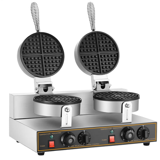 2400W Double Round Commercial Waffle Maker, Adjustable Temp Control, for Chaffles, Grilled Cheese, Quesadillas