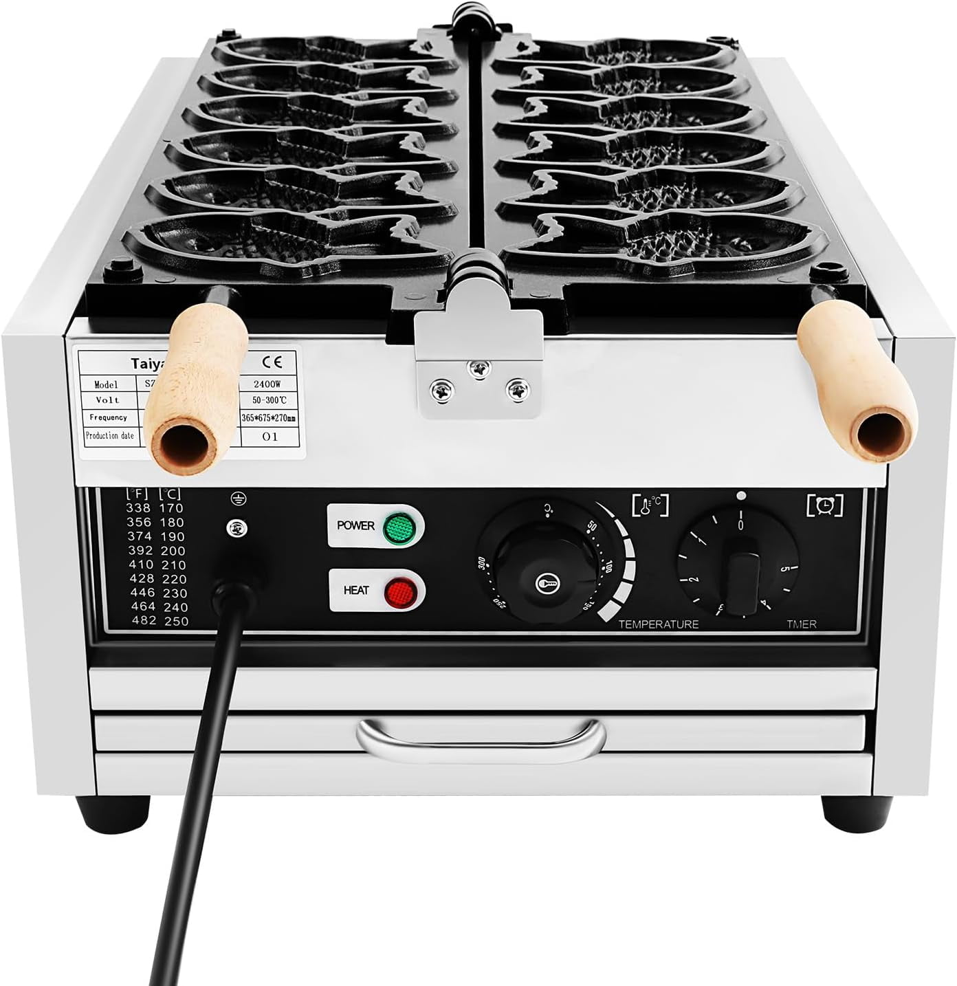 2400W Taiyaki Fish Waffle Maker, Commercial Electric Fish Shaped Waffle Iron with Non-Stick Cooking Plate, Stainless Steel Waffle Baker with 122~572℉ Temperature Control & 0-5min Timer