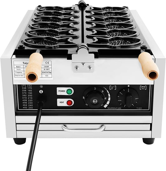 2400W Taiyaki Fish Waffle Maker, Commercial Electric Fish Shaped Waffle Iron with Non-Stick Cooking Plate, Stainless Steel Waffle Baker with 122~572℉ Temperature Control & 0-5min Timer