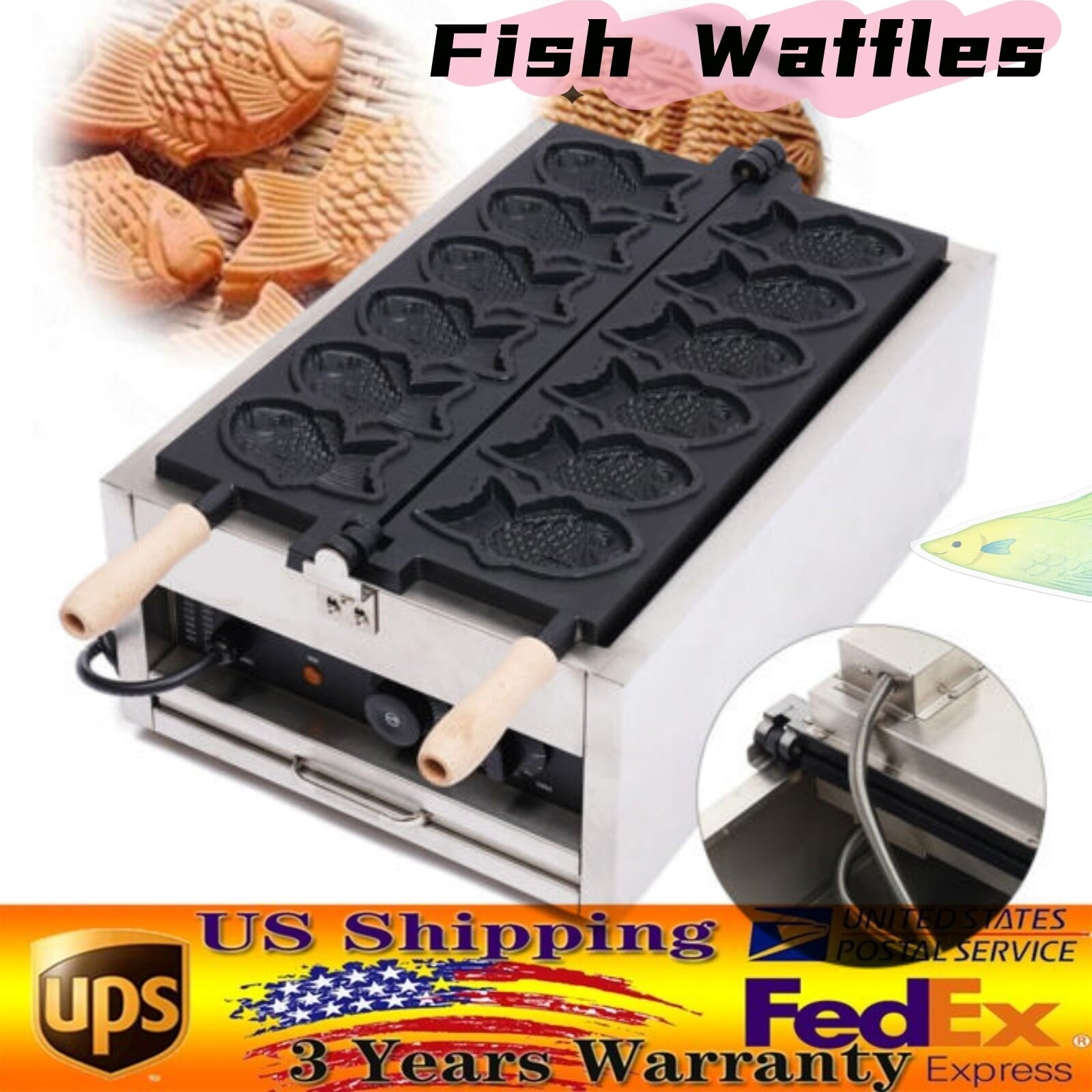 2400w Electric Waffle Maker Machine Commercial Taiyaki Baker Fish-Shaped Mold