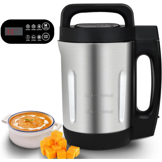 2L Multifunctional Soup Maker with LCD Control Panel, Stainless Steel Electric Machine, 2-6 Servings, Smart Living for Home Use (Black)