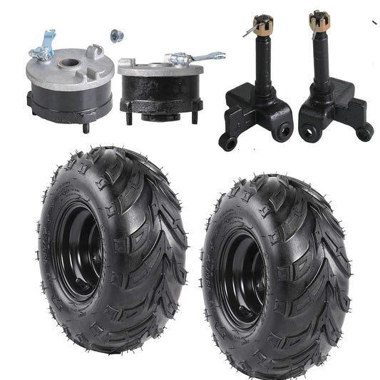 2PCS 145/70-6 Tires Rims With 6 inch Go-Kart Wheels 145x70-6 & 3 Stud Drum Brake Wheel Hubs Front Steering Spindle Knuckles for ATV Go Kart Quad Buggy Mini Bike Lawn Mower 110cc 125cc