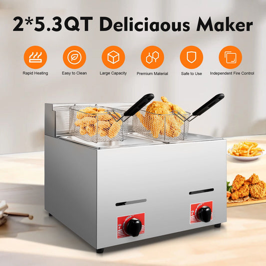 2x6L Commercial Deep Liquefied Gas Fryer Countertop LPG Gas Fryer With 2 Baskets for Frying Chips, Onion Ring