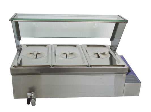 3*1/3Pans Electric Heating Food Warmer Heighten Stainless Steel Detachable Glass Frame 110V 1.5KW