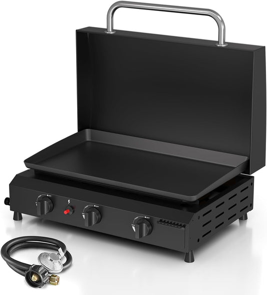 3 Burner BBQ Gas Griddle with Hood, 25.6 Inch Stainless Steel Portable Detachable Propane Griddle, 45,000 BTU S Top Barbecue Grill with Lid for Camping