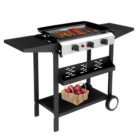 3-Burner Gas Griddle, 23’’ Outdoor Propane Griddle on Wheels, 30,000BTU Flat Top Griddle W/Side Table, Spice Rack, Patio Camping BBQ Grill