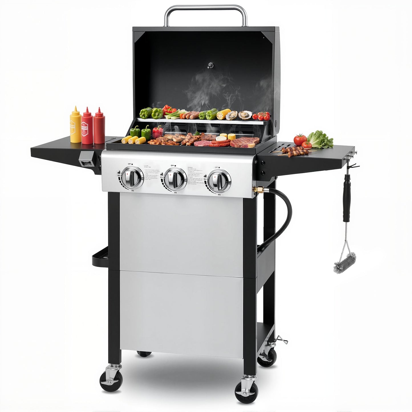 Enyopro 3 Burner Propane Gas Grill, Stainless Steel 30000BTU Barbecue Grill with Two Foldable Shelves, Cleaning Brush, 4 Universal Wheels for Outdoor Cooking, for Patio Backyard and Camping