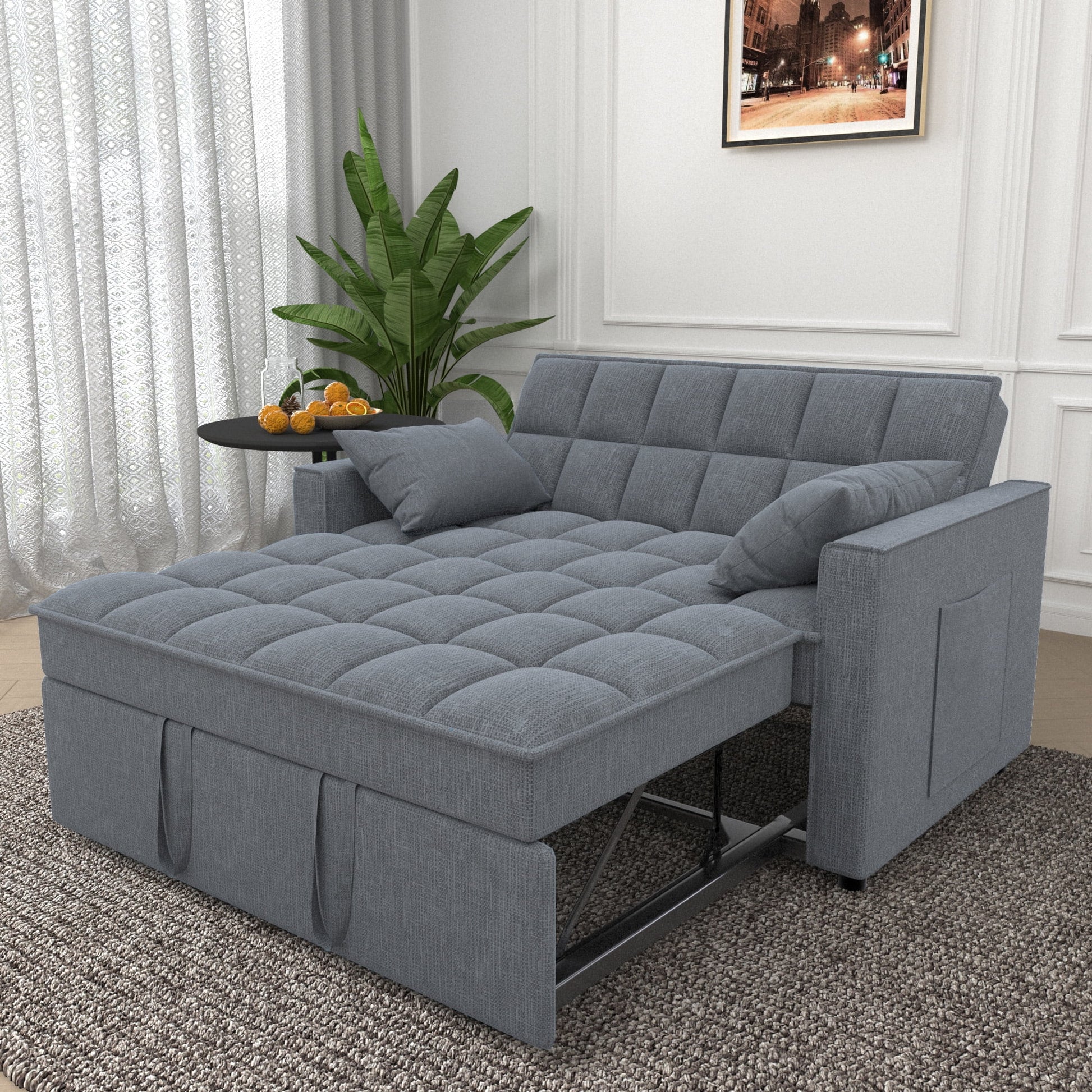 3 in 1 Convertible Sofa Bed,Modern Linen Fabric Sleeper Sofa with Pull Out Bed,Loveseat Couch with Adjustable Backrest for Living Room,Dark Gray