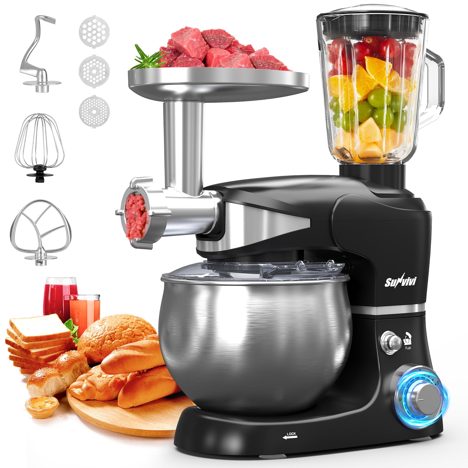 3-in-1 Electric Stand Mixer, 6.5QT Dough Mixer Machine, Blender and Juicer All in One, Food Processor & Meat Grinder Attachment, Kitchen Electric Mixer for Baking, Bread, Pasta, Cookies