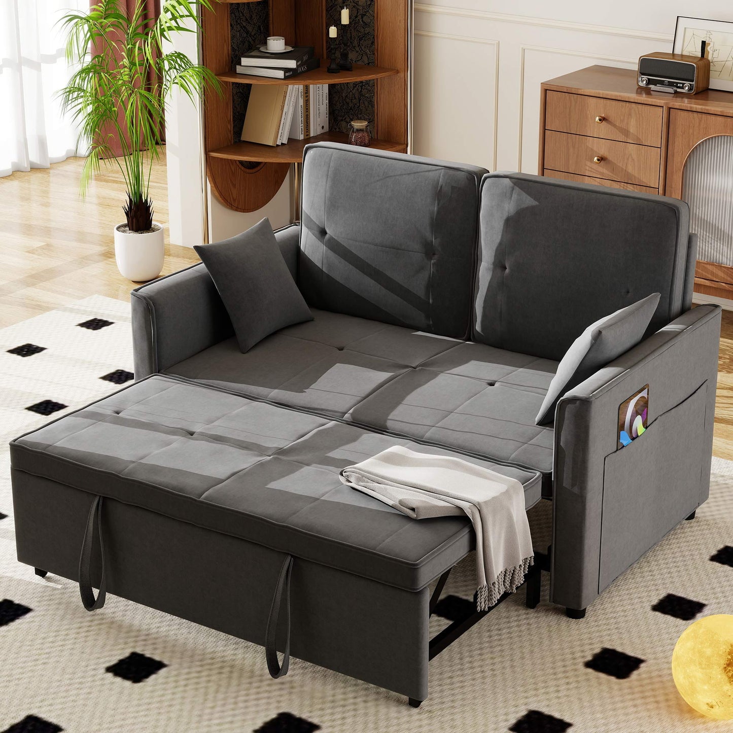3-in-1 Sofa Bed,Convertible Sleeper Sofa with Pull Out Bed, Velvet Futon Couch Loveseat with Adjsutable Backrest and 2 Pillows for Living Room,Gray