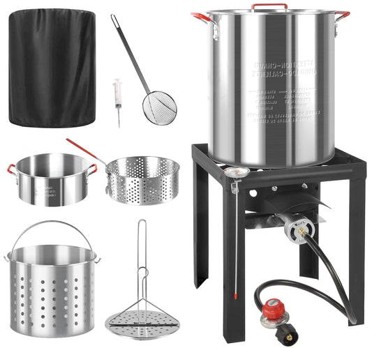 30QT & 10QT Outdoor Turkey Fryer | Seafood Boil Pot | Cover & Skimmer Included | 50,000BTU Propane Burner | Aluminum Deep Fryer Pot with Basket | Crab, Seafood & Crawfish Boiler
