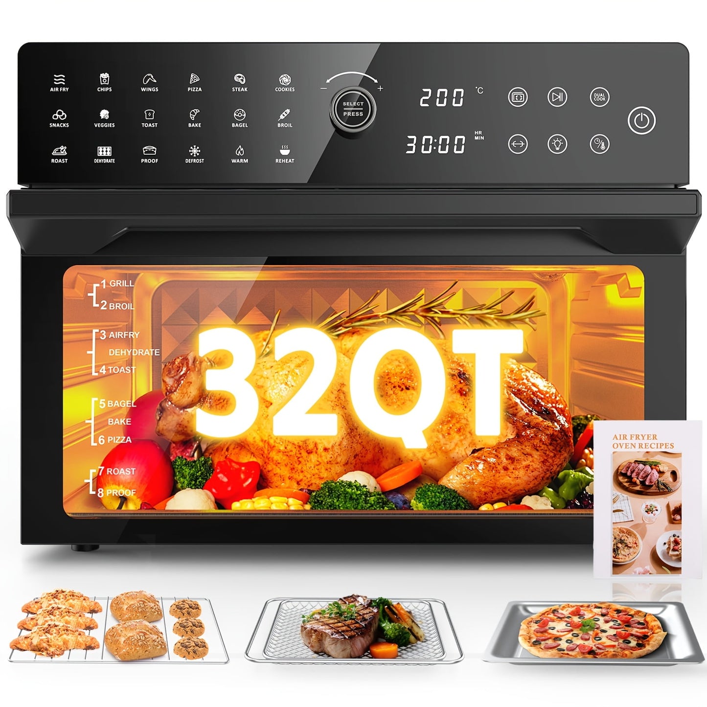 32QT Extra Large Air Fryer, 19-In-1 Air Fryer Toaster Oven Combo with Rotisserie and Dehydrator, Digital Convection Oven Countertop Airfryer Fit 13" Pizza, 6 Accessories, 1800w (Black)
