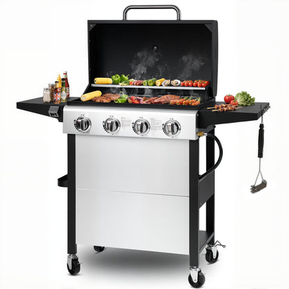 Enyopro 4 Burner Propane Gas Grill, 40,000BTU Stainless Steel BBQ Grill with Brush, Built-in Thermometer, 4 Universal Wheels with Brake for Outdoor Cooking Patio Backyard